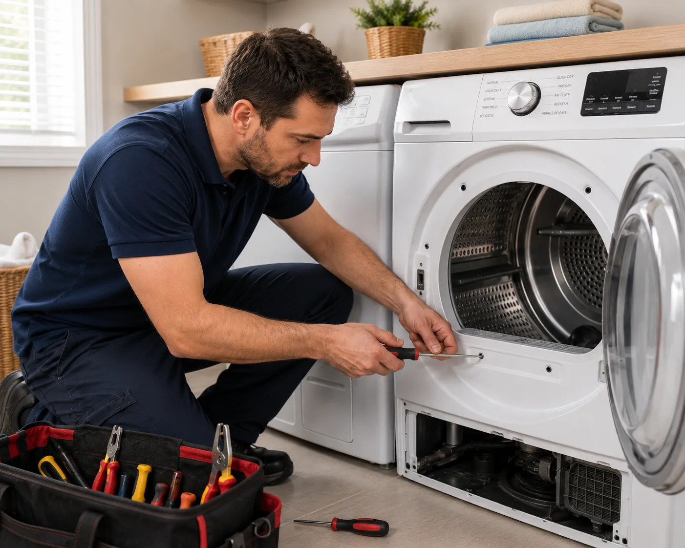 Technician repairing a dryer - DP Electric Melbourne