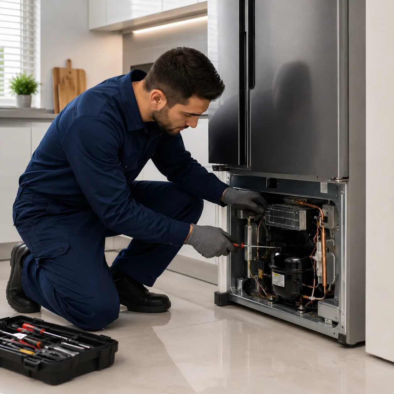 Technician repairing a fridge - DP Electric Melbourne